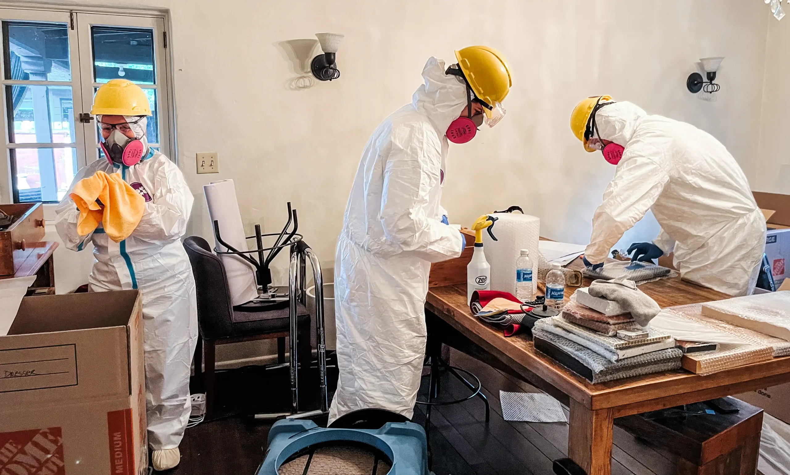 Three All Hands and Hearts volunteers in tyvek suits, hard hats and respirators inside a home clean belongings for smoke remediation