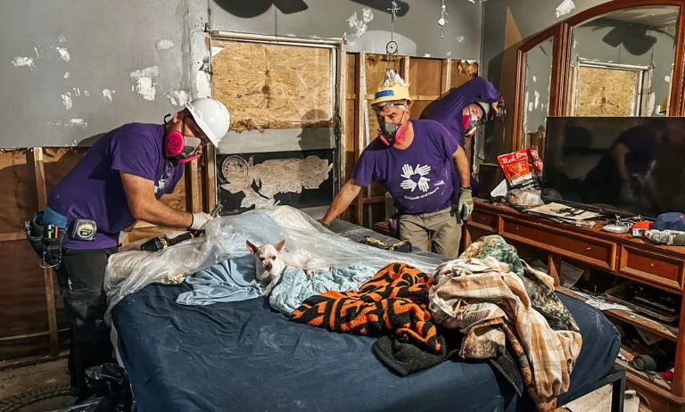 Three All Hands and Hearts volunteers wearing hard hats and respirators work in a damaged bedroom where a small dog sits on the bed