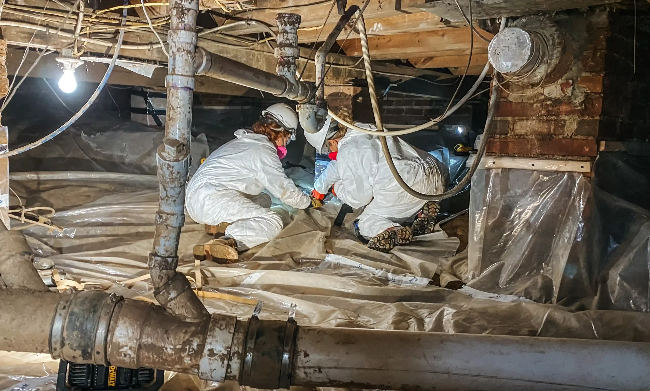 Two All Hands and Hearts volunteers in Tyvek suits, hard hats and respirators crouch in the crawlspace of a home