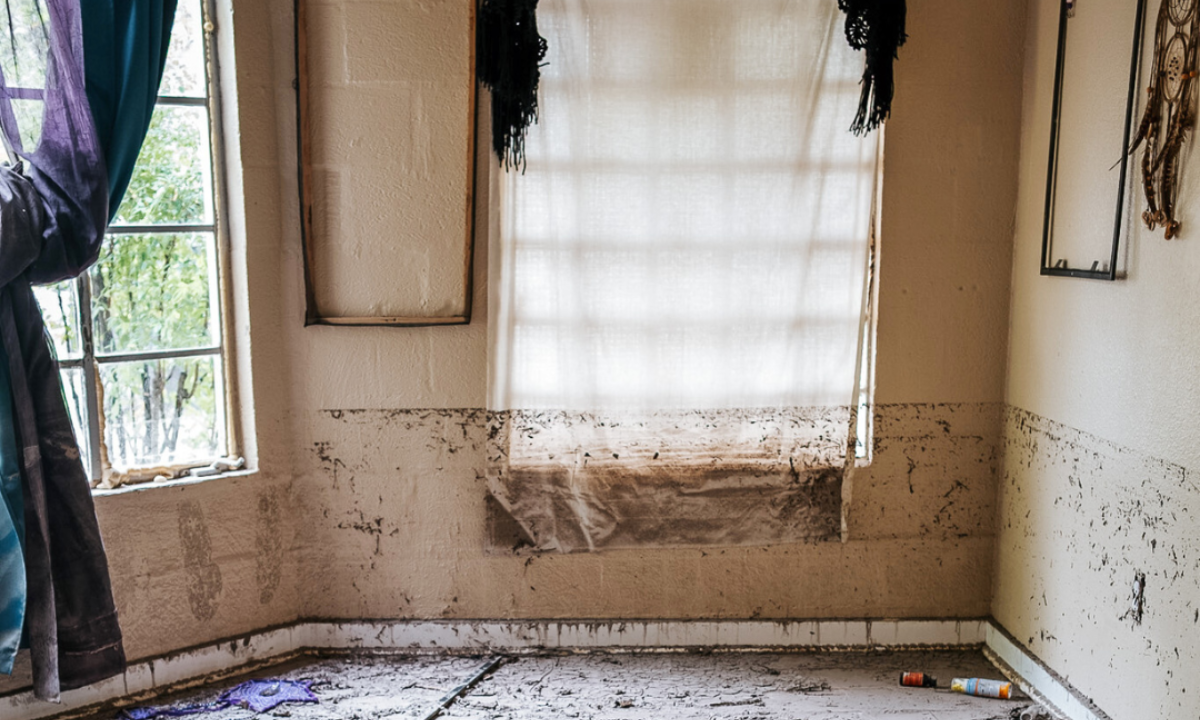Una habitación interior inundada que muestra los daños causados por el agua en paredes y muebles, con líneas de agua turbia que marcan el alcance de la inundación provocada por una catástrofe reciente.