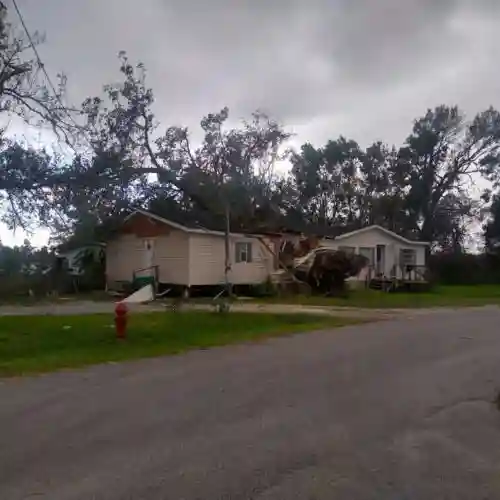 A storm-damaged house with a tree fallen across the roof, surrounded by broken trees and debris.