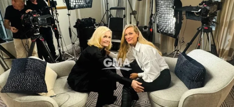 Petra Nemcova and Diane Sawyer sit close together with recording equipment in the background - a behind the scenes of their interview