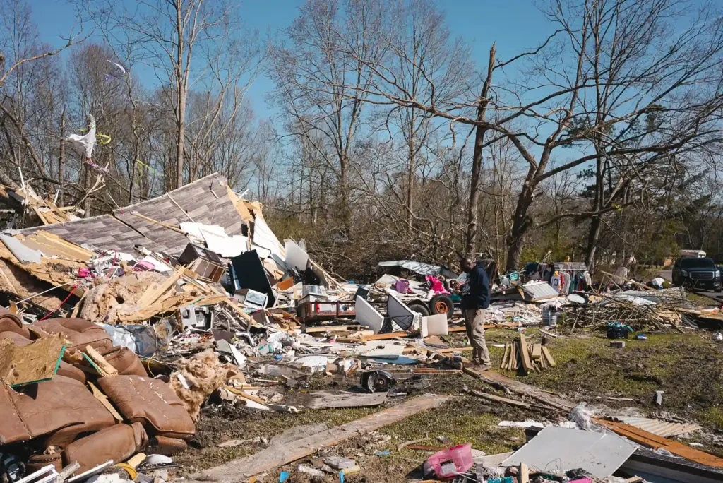 A collapsed house lies in ruins, with broken wood, furniture, and debris scattered across the ground. A man stands among the wreckage, looking down, while damaged belongings and fallen trees surround the area, showing the devastation left behind.