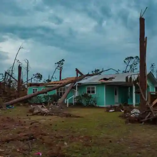 Florida home severely damaged by Hurricane Michael with fallen trees and roof destruction.