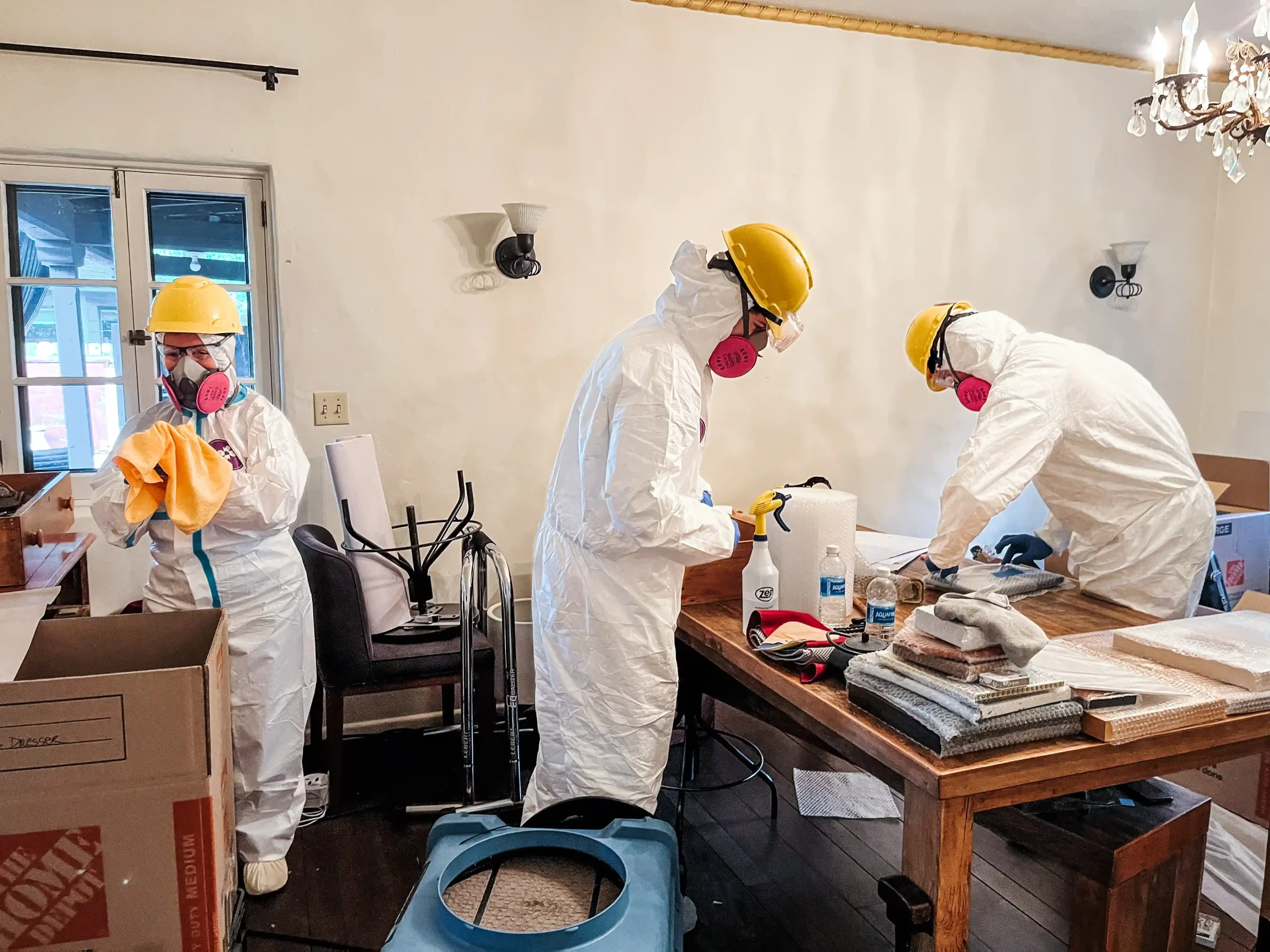 Voluntarios con trajes protectores, cascos y máscaras llevan a cabo tareas de recuperación del humo en el interior de una vivienda, limpiando y clasificando objetos en una mesa y desembalando cajas.