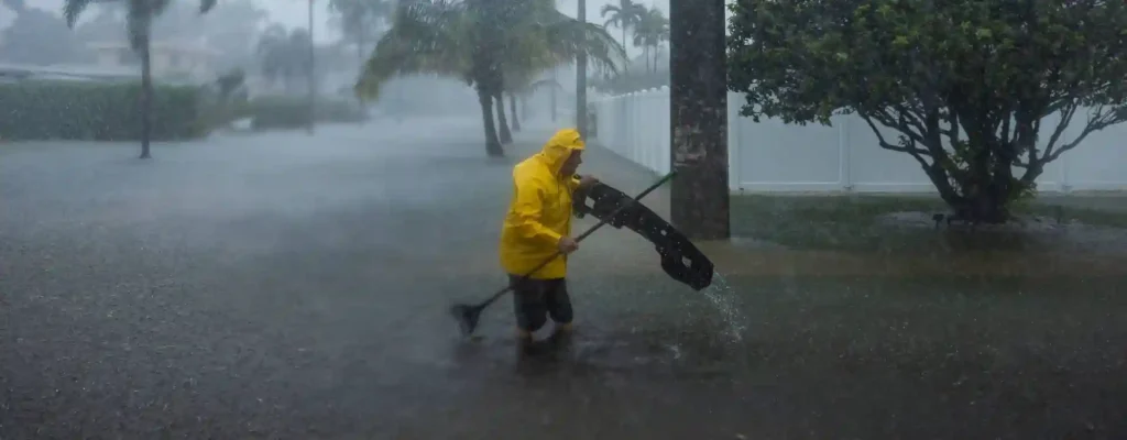 A man in a yellow raincoat wades through knee-deep floodwater during a storm, holding a broken piece of debris as rain pours down.