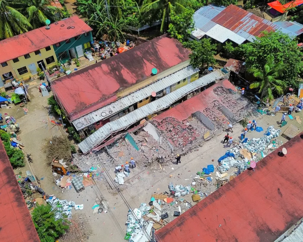 Drone footage of damaged building
