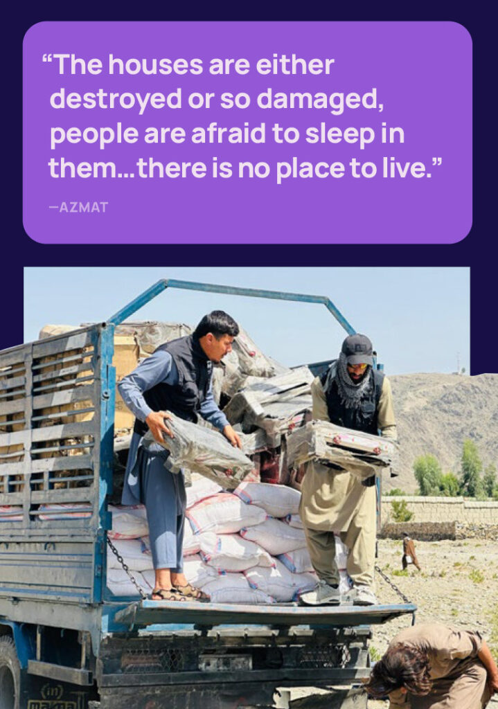 Infographic with a quote from Azmat: "The houses are either destroyed or so damaged, people are afraid to sleep in them... there is no place to live." and an image of All Hands & Hearts volunteers unloading supplies from a truck