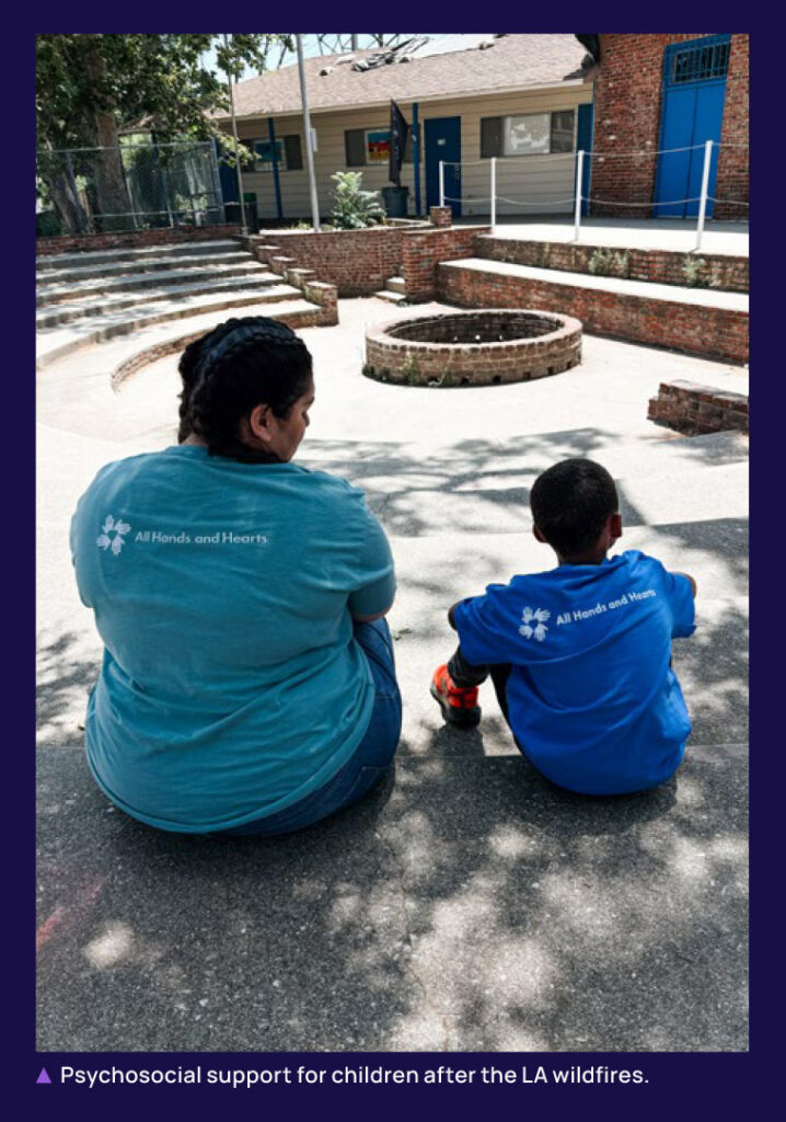 Image of a woman sitting with a child and the caption "Psychosocial support for children after the LA wildfires"