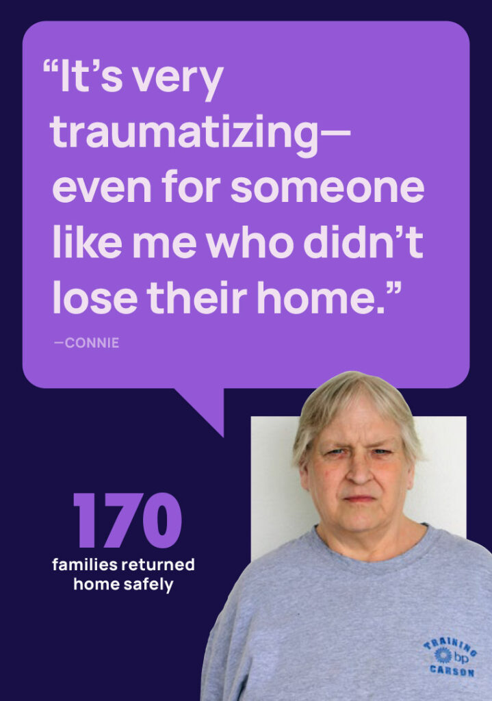 Infographic with the text 170 families returned home safely, the image of a woman, and a quote "It's very traumatizing- even from someone like me who didn't lose their home." - Connie