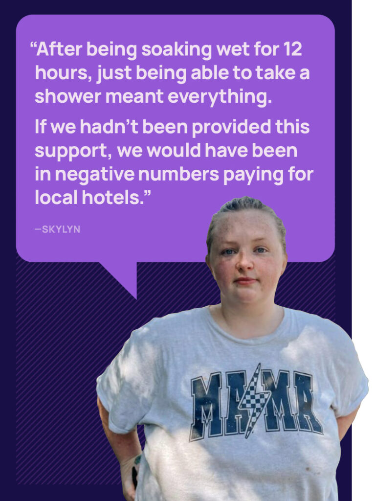 Infographic containing an image of a woman and a quote "After being soaking wet for 12 hours, just being able to take a shower meant everything. If we hadn't been provided this support, we would have been in negative numbers paying for local hotels." - Skylyn