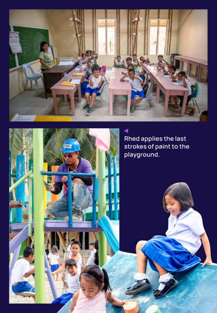 Infographic with students in a classroom, an All Hands & Hearts volunteer painting a playground, and children on a slide with a caption that says "Rhed applies the last strokes of paint to the playground"