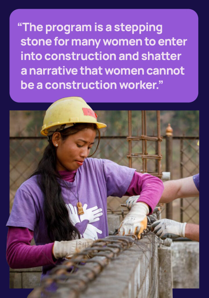 Infographic with a quote: "The program is a stepping stone for many women to enter into construction and shatter the narrative that women cannot be a construction worker" and an image of a female mason with a hard hat building a structure